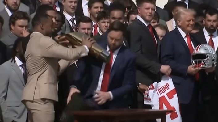 Vice President JD Vance Reacts to Breaking Ohio State's CFP National Trophy at White House
